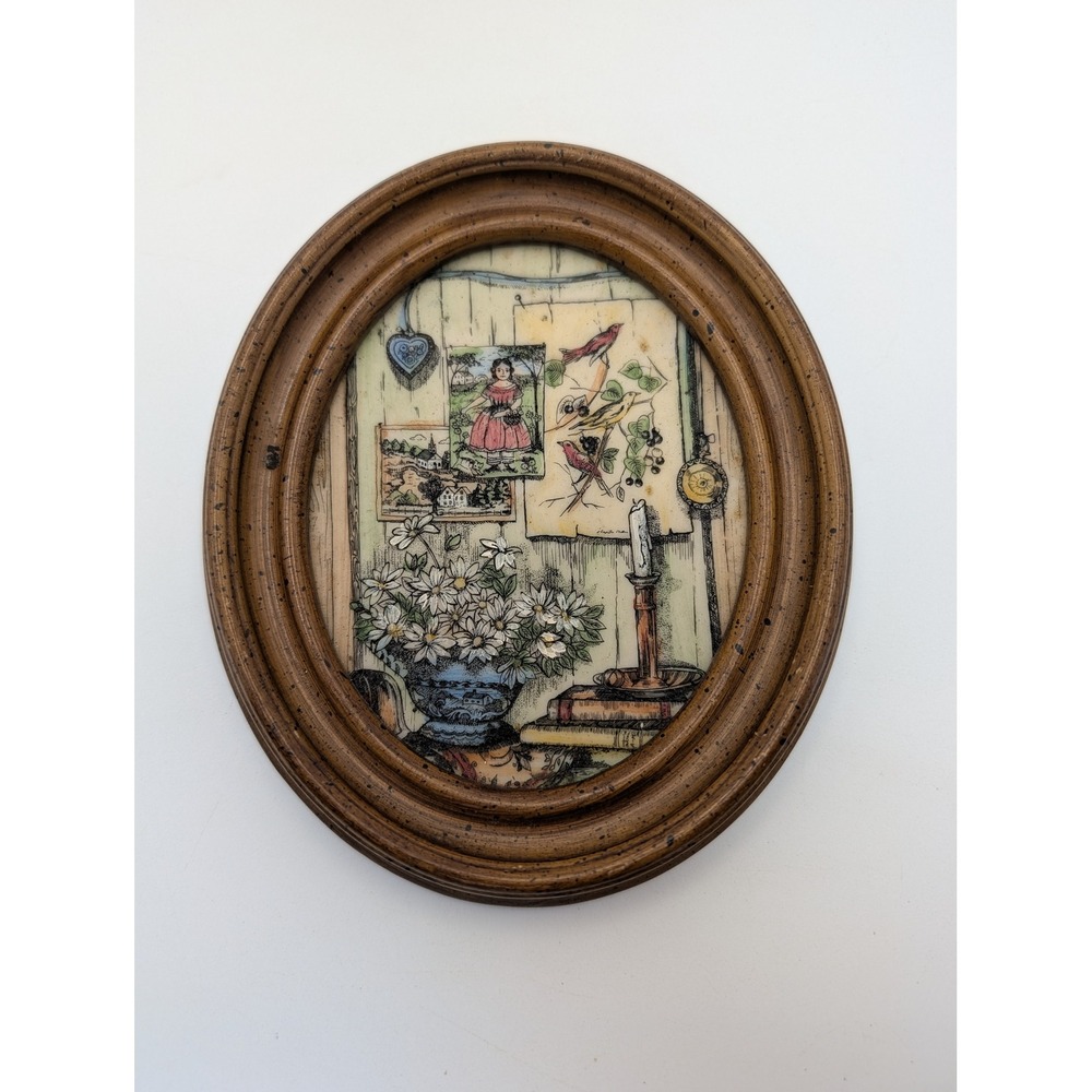 Marvetti Cultured Ivory Engraving Oval Frame Hand Painted Etched Art #1586